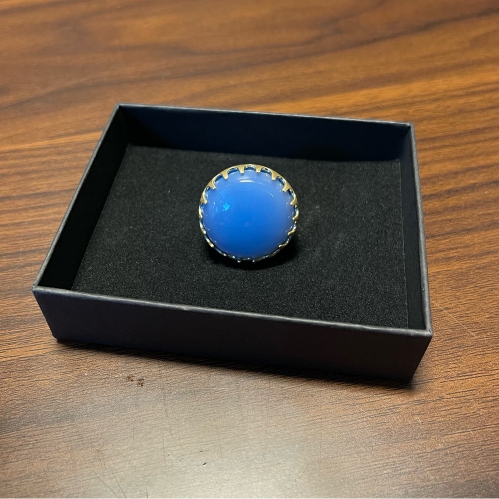 Blue Agate Brass Statement Ring with Gold-Tone Setting